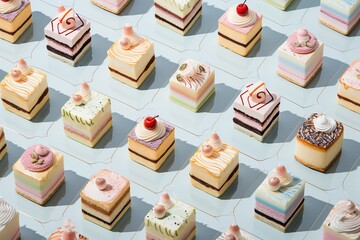 A delectable food cake pattern of small pastel cakes, artfully arranged in an isometric pattern and dripping with sweet icing, evoke a feeling of pure culinary delight