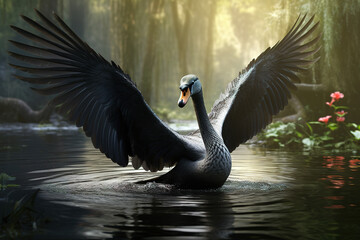 Image of black swan on the water in the swamp in the fertile forest. Nature. Illustration, Generative AI.