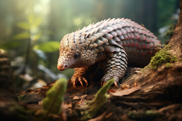 Obraz premium Image of malayan pangolin in the fertile forest. Wildlife Animals. Nature. Illustration, Generative AI.