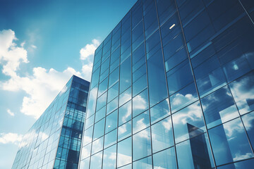 Obraz premium Reflective skyscrapers, business office buildings. Low angle photography of glass curtain wall details of high-rise buildings.The window glass reflects the blue sky and white clouds.