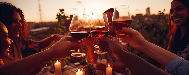 Group of young people celebrating and tasting or drinking red vine.