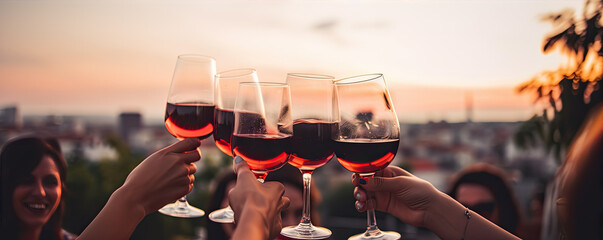 Group of young people celebrating and tasting or drinking red vine.