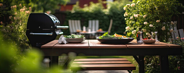 summer time in backyard. Grill in garden on wooden table.