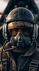 Fototapeta premium Pilot in mask and helmet with copy space. Generative AI