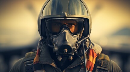 Pilot in mask and helmet with copy space. Generative AI