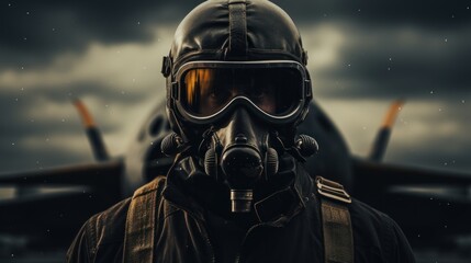 Fototapeta premium Pilot in mask and helmet with copy space. Generative AI