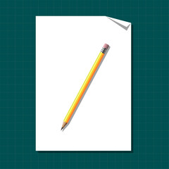Yellow pencil on blank paper. Vector illustration