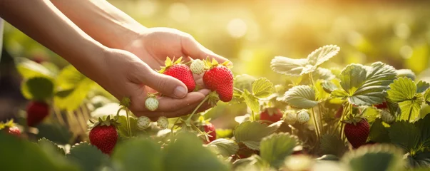 Rolgordijnen Strawberries with hands, copy space for text. © amazingfotommm