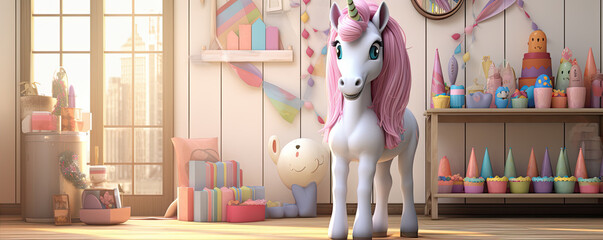 Beautiful pink unicorn against birthday background.
