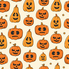 Halloween seamless pattern with doodles of jack o lanterns pumpkins for prints, cards, wallpaper, wrapping paper, textile, scrapbooking, stationary, backgrounds, etc. EPS 10
