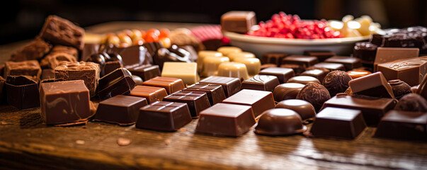 variety finest chocolate pralines on table. wide banner