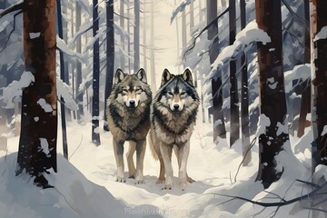Two wolves in winter forest.