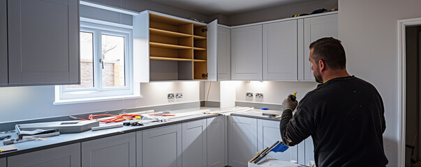 Worker or carpenter installing new modern kitchen.