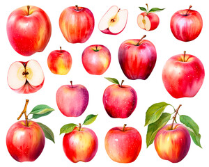 Red apples watercolor set with leaves and flower isolated on white background. PNG transparent background. AI Generative.