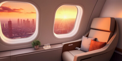 Airplane seat with a great view from the window - Generative AI