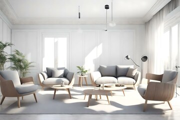 Fototapeta na wymiar Modern Bright Living Room with Large Cozy Armchairs in Nordic Style, 3D Render