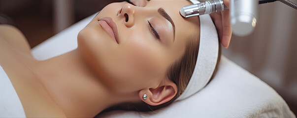 woman with perfect skin making Facial Hydro Microdermabrasion procedure.