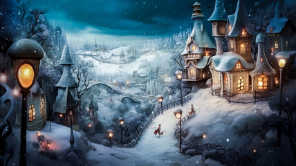 Illustration de Noël - Maisons de village illuminées sous la neige la nuit dans la montagne - Générative iA