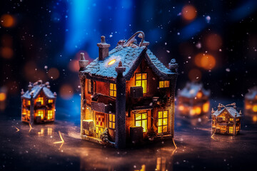 Fototapeta na wymiar Illustration de Noël - Maisons de village illuminées sous la neige la nuit - Générative iA