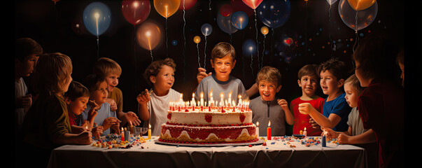 blow candles at birthady party, wishes a wish while her friends look at her. - obrazy, fototapety, plakaty