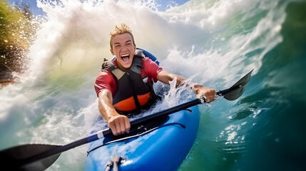 Happy and excited boy riding small boat through the waves