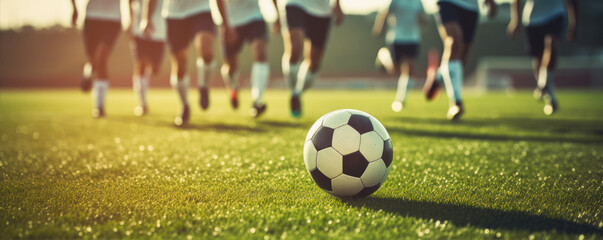 Fototapeta premium Detail of soccer players running after the ball in sunset light.