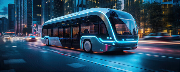 Scifi or futuristic bus in motion in evening city.
