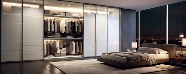 Modern wardrobe with sliding doors in tidy clean room. panorama photo - obrazy, fototapety, plakaty