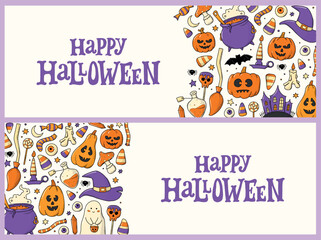 Halloween horizontal banners, prints, social media covers, posters, invitations, templates decorated with lettering quote and doodles. EPS 10