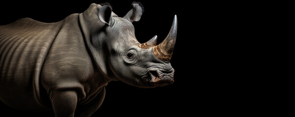 rhino on black background. wide banner - obrazy, fototapety, plakaty