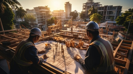 Construction concept of Engineer and Architect working at Construction Site with blue print