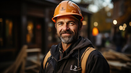 Construction Worker on Duty. Caucasian Contractor and the Wooden House Frame. Industrial Theme.