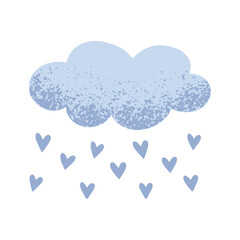 Blue cloud with hearts in a naive children's style. Autumn colored illustration. Cloud in cold pastel colors. Clipart for the design of greeting cards, invitations, prints, stickers and patterns.