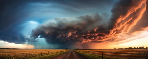 Selbstklebende Fototapeten Supercell storm Thunder Tornado on road, wide banner or panorama photo. © amazingfotommm