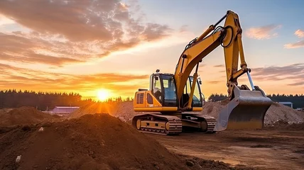 Fotobehang Crawler excavator during earthwork on construction site at sunset. heavy earth mover on the construction site. © JKLoma