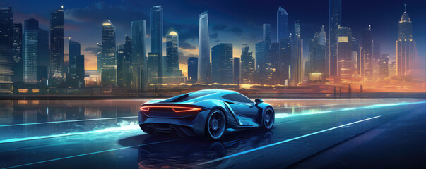 Riding on a night city, futuristic drive concept.