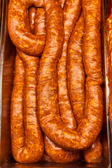 Chorizo, Mexican sausage, spicy, uncooked, raw meat, meat department, container