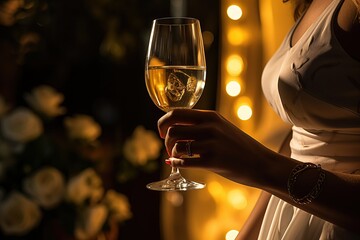 A woman's hand holds one glass goblet with white wine. Alcoholic drinks. White wine in a glass. Drinking wine.