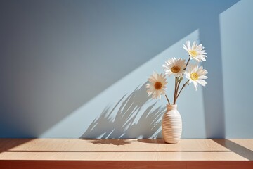 White flowers bloomming in a white vase, creating a stunning contrast against the serene light blue wall as the backdrop. Photorealistic illustration
