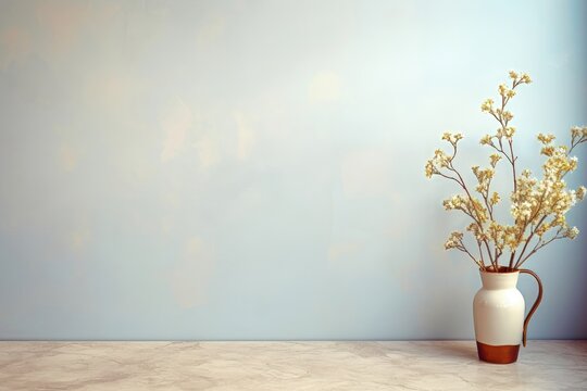 A beautiful flower vase stands against the backdrop of a soothing sky blue wall, creating a delightful and serene ambiance. Photorealistic illustration