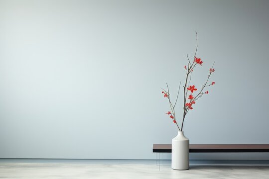 Vibrant red flowers in a white vase against a calming light blue wall, infusing the space with a cheerful and refreshing atmosphere. Photorealistic illustration