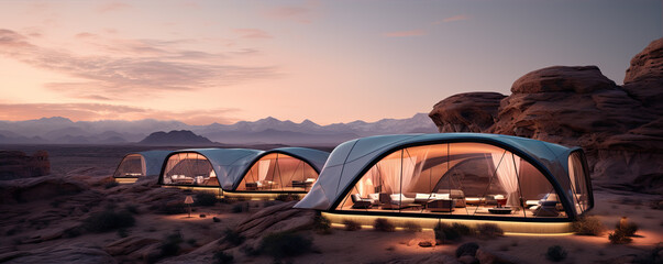 Glamping houses in desert landscape. Futuristic glamping in rocky mountains.