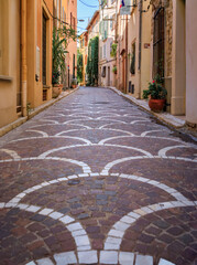 Ornate mosaic street pavement between traditional old houses near the covered provencal farmers...