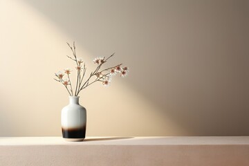 A vase containing white flowers adding a touch of beauty to the simplicity of the off-white wall. Photorealistic illustration
