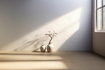 The off-white ceramic plant pots basked in the warm sunlight near the window, complementing the serene off-white wall. Photorealistic illustration