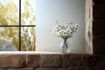 White flowers catching the sunlight as they overlook the lush greenery of trees outside. Photorealistic illustration
