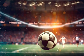 Soccer ball hit the net, goal, in stadium light, supporters in the background
