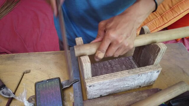 Flute Maker Closeup Artisan Handicrafts Bamboo Wooden Music Instrument Indonesia Traditional Culture, Working Hands