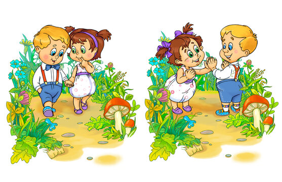A boy and a girl holding hands are walking, playing. They are walking along a path in a garden, in nature, with plants and flowers and mushrooms around them.