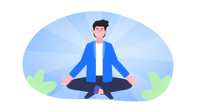 2d animation of a calm man sitting in a lotus pose and meditating, levitating. Stress management, multitasking concept